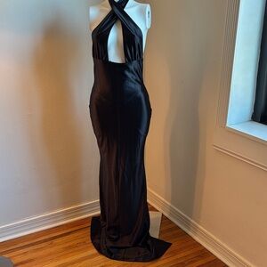 Retrofete Black Cross-Front Halter Maxi Gown